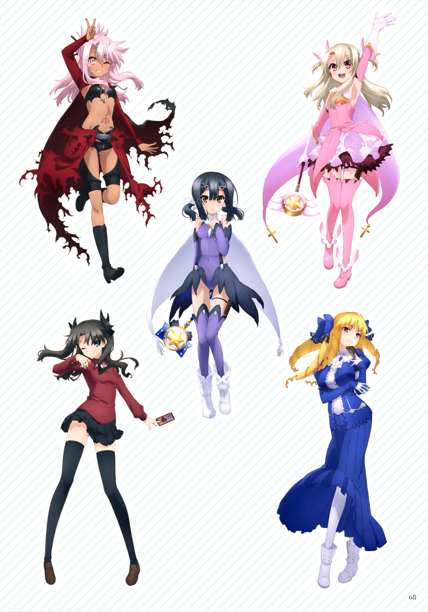 :d ;) ;d absurdres archer archer_(cosplay) arm_up armpits black_boots black_bra black_hair black_legwear black_panties black_ribbon black_skirt blonde_hair blue_bow blue_skirt boots bow bra brown_eyes card chloe_von_einzbern contrapposto cosplay dark_skin detached_sleeves drill_hair eyebrows_visible_through_hair fate/kaleid_liner_prisma_illya fate_(series) feathers floating_hair full_body gloves hair_bow hair_feathers hair_ribbon high_heel_boots high_heels highres holding holding_card holster illyasviel_von_einzbern leotard long_hair long_skirt luviagelita_edelfelt magical_girl miniskirt miyu_edelfelt navel one_eye_closed one_leg_raised open_mouth panties pink_boots pink_feather pink_hair pinks_rhtis pleated_skirt purple_leotard red_eyes red_shirt ribbon shirt silver_hair skirt sleeveless sleeveless_shirt smile standing striped striped_background tattoo thigh-highs thigh_boots thigh_holster tohsaka_rin twintails underwear v violet_eyes white_background white_boots white_gloves white_legwear zettai_ryouiki