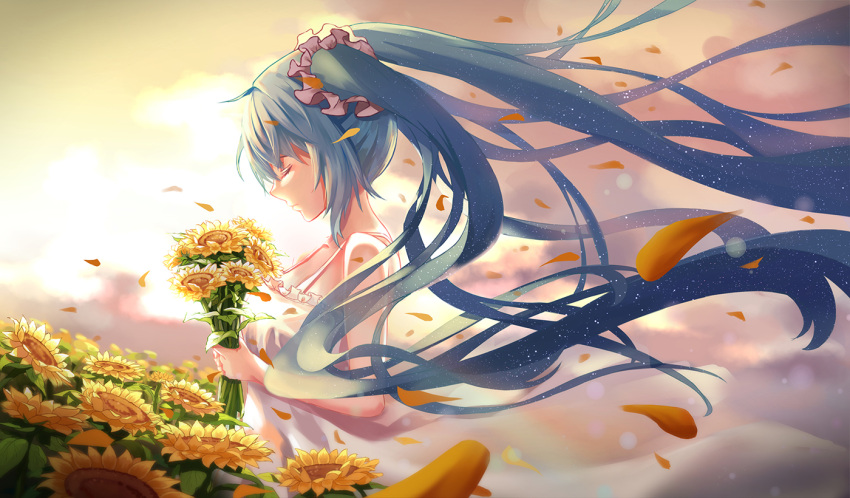 1girl augu_(523764197) blue_hair closed_eyes closed_mouth facing_away flower from_side hatsune_miku holding holding_flower long_hair solo twintails vocaloid