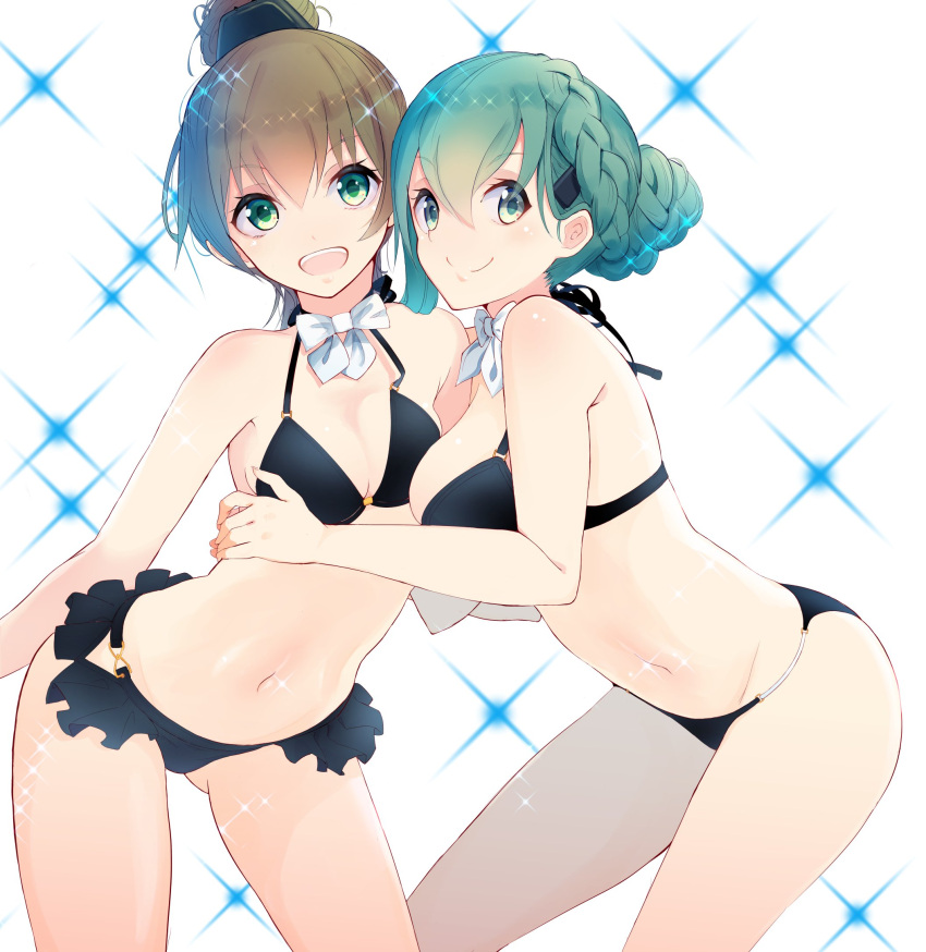 2girls alternate_hairstyle aqua_eyes aqua_hair bikini black_bikini bow bowtie braid breasts closed_mouth commentary_request detached_collar french_braid gluteal_fold green_eyes hair_ornament hairclip highres hug kantai_collection kumano_(kantai_collection) large_breasts light_brown_hair looking_at_viewer medium_breasts multiple_girls navel open_mouth ponytail sparkle_background suzuya_(kantai_collection) swimsuit tebi_(tbd11) tied_hair white_background white_bow white_bowtie