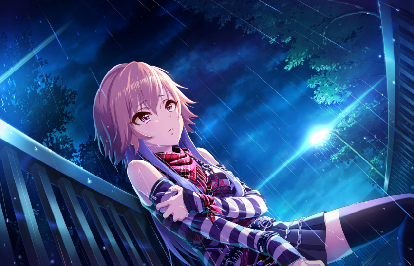 1girl artist_request bangs belt chains detached_sleeves hair_between_eyes hair_extensions hand_on_own_arm idolmaster idolmaster_cinderella_girls idolmaster_cinderella_girls_starlight_stage long_hair looking_up multicolored_hair night night_sky ninomiya_asuka official_art orange_hair outdoors parted_lips rain raised_eyebrows sad scarf short_hair skirt sky solo striped thigh-highs tree two-tone_hair violet_eyes zettai_ryouiki