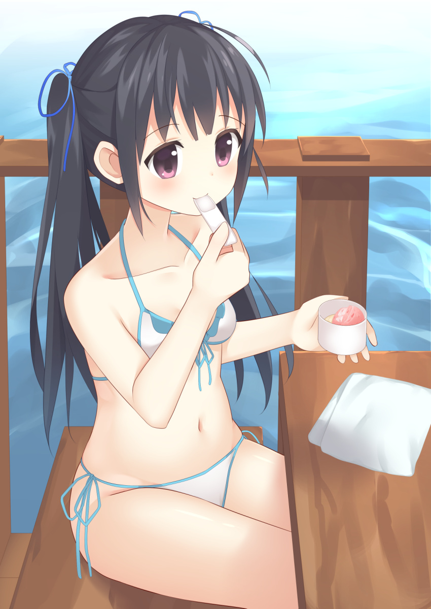 1girl bangs bare_arms bare_shoulders bench bikini black_hair blue_ribbon blush collarbone commentary_request double_scoop eyebrows_visible_through_hair front-tie_bikini front-tie_top hair_ribbon halter_top halterneck highres holding holding_spoon ice_cream_cup ice_cream_spoon long_hair looking_away napkin navel ocean original pink_eyes railing ribbon side-tie_bikini sidelocks sitting smile solo swimsuit table tareme twintails usagino_suzu white_bikini wooden_table