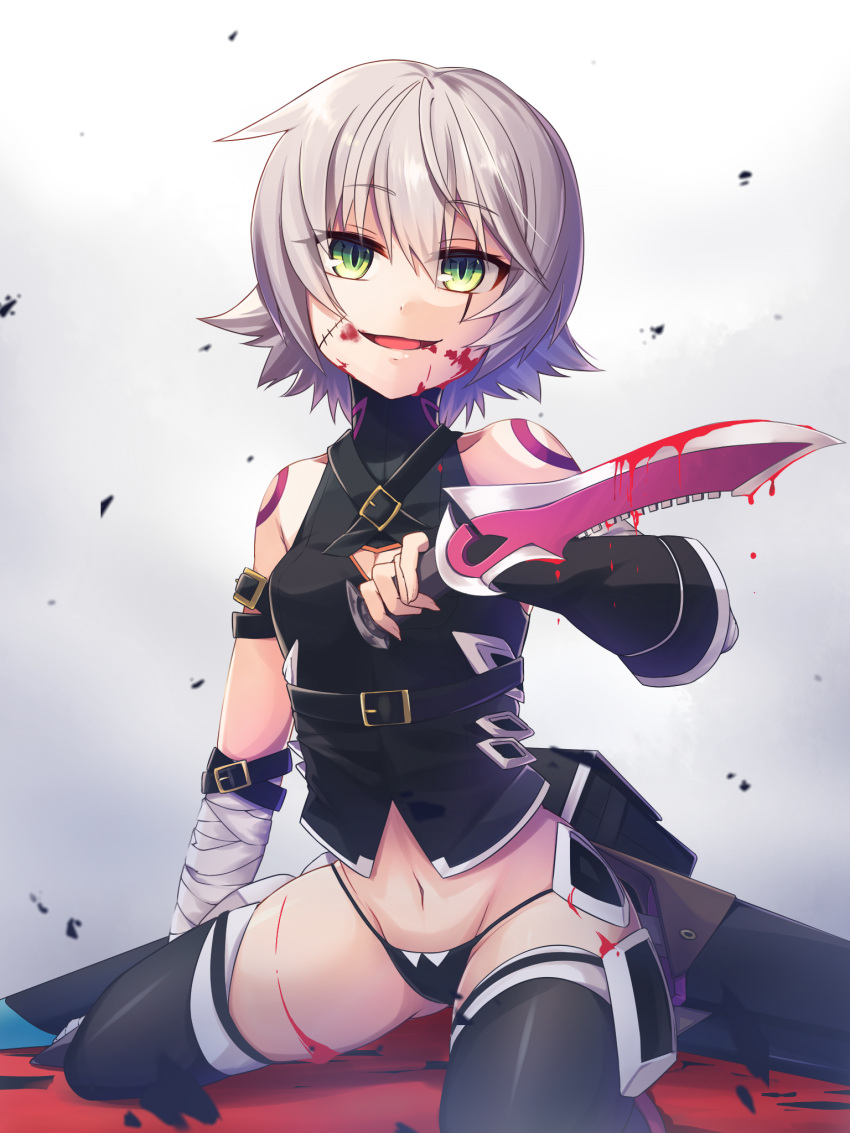 1girl :d arm_belt assassin_of_black bandage bandaged_arm bangs bare_shoulders belt_buckle black_belt black_gloves black_legwear black_panties black_shirt blood blood_on_face bloody_weapon buckle collarbone commentary_request dripping eyebrows_visible_through_hair fate/apocrypha fate_(series) fingerless_gloves flipped_hair gloves green_eyes groin hair_between_eyes halter_top halterneck head_tilt highres hinata_(uzukitten) holding holding_dagger holding_knife holding_weapon knife looking_at_viewer navel open_mouth panties reverse_grip scabbard scar scar_across_eye scar_on_cheek sheath sheathed shirt short_hair silver_hair single_glove sitting sleeveless sleeveless_shirt smile solo thigh-highs turtleneck underwear unsheathed weapon