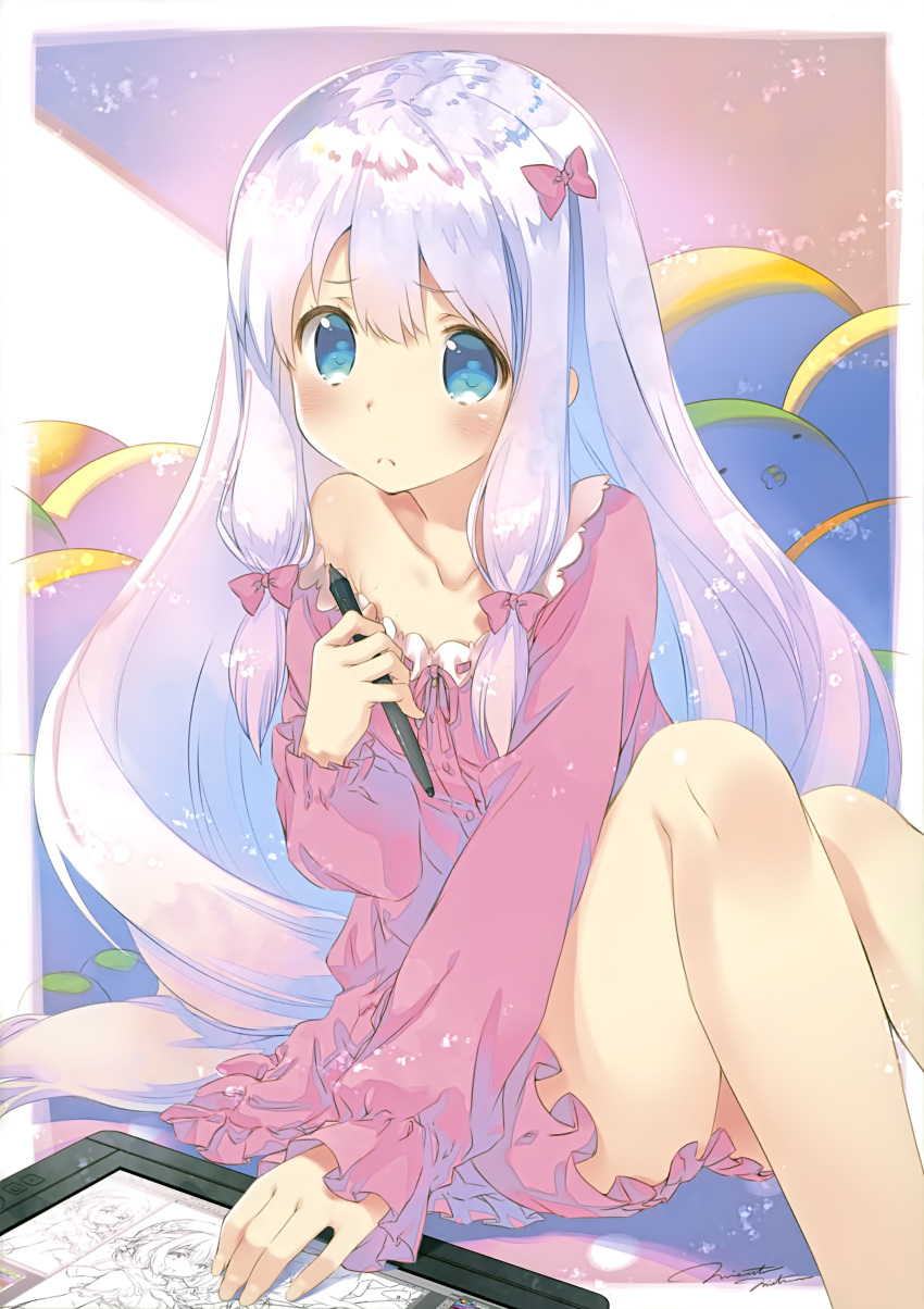 1girl absurdres blue_eyes bow closed_mouth collarbone eromanga_sensei flat_chest frown gradient_hair hair_bow hand_on_own_chest highres izumi_sagiri lavender_hair long_hair long_sleeves looking_at_viewer mitsumi_misato multicolored_hair off_shoulder pajamas pink_hair scan sidelocks sitting solo stylus tablet_pc two-tone_hair very_long_hair