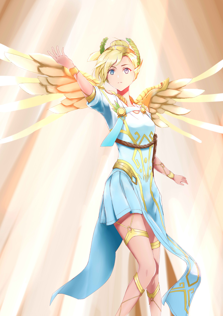 1girl 1u2d absurdres alternate_costume arm_up blonde_hair blue_eyes breasts brown_background cowboy_shot dress eyebrows_visible_through_hair facing_viewer glowing glowing_wings head_wreath high_ponytail highres knees_together_feet_apart laurel_crown light_rays looking_up mechanical_wings mercy_(overwatch) overwatch pelvic_curtain pleated_dress short_hair short_sleeves small_breasts solo spread_wings standing sunlight toga white_dress winged_victory_mercy wings yellow_wings