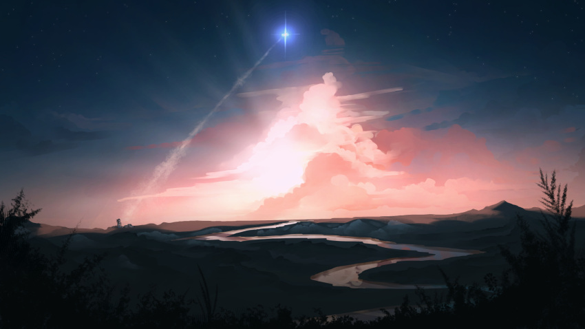 5_centimeters_per_second anonamos clouds grass highres horizon launch_pad mountain no_humans river rocket scenery sky space_craft star_(sky) starry_sky