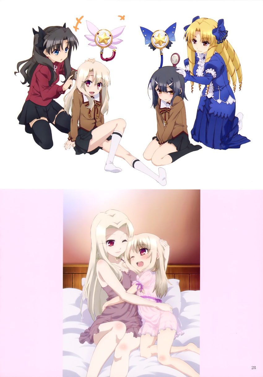 2girls 4girls :d ;) absurdres bed_sheet bedrrom between_legs black_hair black_legwear black_ribbon black_skirt blonde_hair blue_bow blue_eyes blue_skirt bow brown_eyes brown_jacket drill_hair eyebrows_visible_through_hair fate/hollow_ataraxia fate/kaleid_liner_prisma_illya fate/stay_night fate/stay_night_unlimited_blade_works fate/zero fate_(series) gloves hair_bow hair_ribbon hand_between_legs hand_on_another's_head highres holding illyasviel_von_einzbern irisviel_von_einzbern kneeling long_hair long_skirt luviagelita_edelfelt miniskirt miyu_edelfelt mother_and_daughter multiple_girls neck_ribbon one_eye_closed open_mouth page_number parted_lips pillow pleated_skirt red_eyes red_shirt ribbon school_uniform shirt simple_background skirt smile thigh-highs tohsaka_rin twintails white_background white_gloves white_legwear zettai_ryouiki
