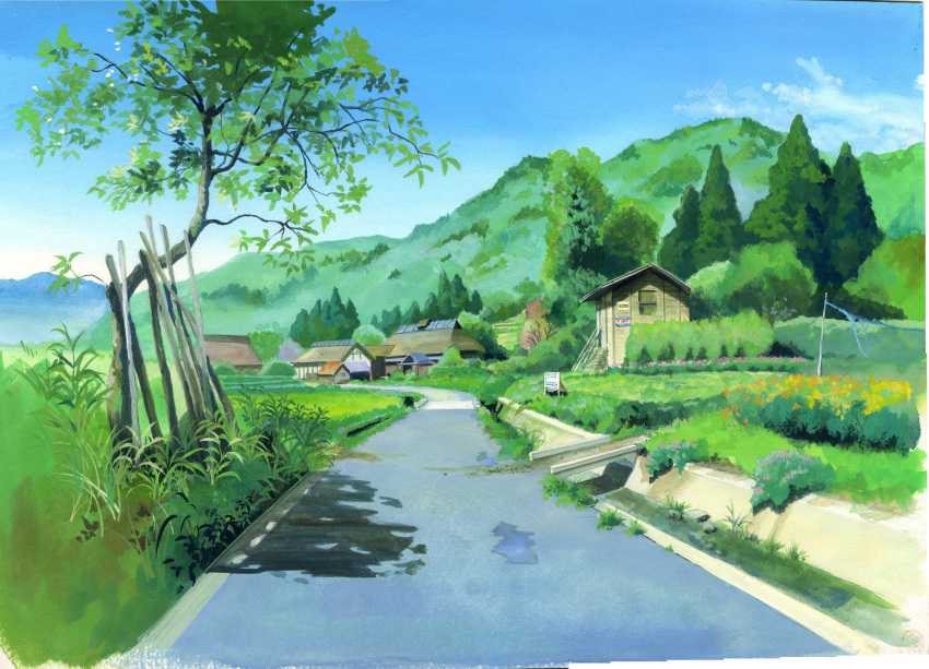absurdres anchoku_0621 blue_sky building bush calligraphy_brush_(medium) clouds day derivative_work flower forest grass green highres house mountain nature no_humans outdoors plant road sky studio_ghibli traditional_media tree village