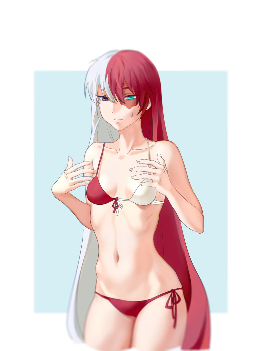 1girl aqua_eyes bikini boku_no_hero_academia breast_conscious breasts burn_scar front-tie_bikini front-tie_top genderswap genderswap_(mtf) hair_between_eyes heterochromia highres long_hair multicolored_hair navel red_bikini redhead scar side-tie_bikini small_breasts solo sweatdrop swimsuit todoroki_shouto two-tone_hair very_long_hair violet_eyes wanbo white_hair