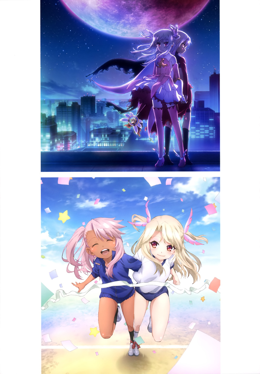2girls absurdres adark_skin back-to-back black_legwear blonde_hair blue_buruma blue_sweater boots breasts chloe_von_einzbern closed_eyes day fate/kaleid_liner_prisma_illya fate_(series) feathers floating_hair full_body gym_uniform hair_feathers highres holding holding_staff illyasviel_von_einzbern long_hair looking_at_viewer magical_girl moon multiple_girls night open_mouth outdoors pink_boots pink_hair red_eyes rooftop shirt side_ponytail silver_hair smile staff standing sweater thigh-highs thigh_boots two_side_up white_shirt yellow_eyes
