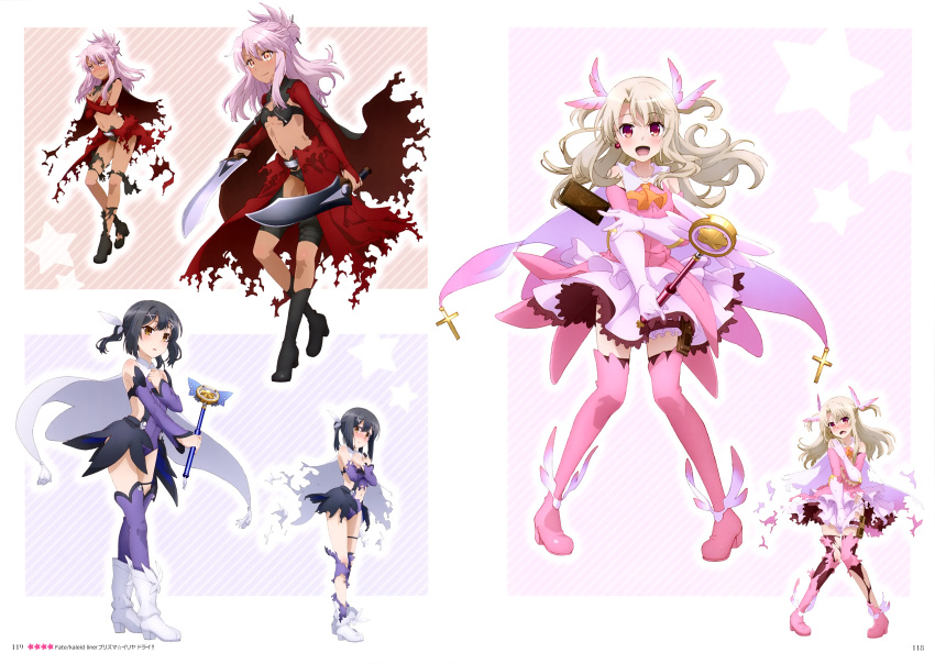 3girls absurdres archer archer_(cosplay) black_bra black_hair black_legwear black_panties blush boots bra breasts cape card chloe_von_einzbern copyright_name cosplay detached_sleeves dress dual_wielding earrings elbow_gloves embarrassed eyebrows_visible_through_hair fate/kaleid_liner_prisma_illya fate/stay_night fate_(series) feathers floating_hair full_body gloves hair_feathers hair_ornament hair_ribbon high_heel_boots high_heels highres holding holding_card holding_staff holding_sword holding_weapon illyasviel_von_einzbern jewelry leotard long_hair magical_girl midriff miyu_edelfelt multiple_girls navel open_mouth page_number panties pink_boots pink_dress pink_feather pink_gloves pink_hair purple_legwear purple_leotard red_cape red_eyes ribbon short_dress short_hair silver_hair small_breasts staff standing stomach striped striped_background sword thigh-highs thigh_boots torn_boots torn_clothes torn_dress torn_leotard torn_thighhighs under_boob underwear variations weapon white_background white_boots white_ribbon yell_w_eyes