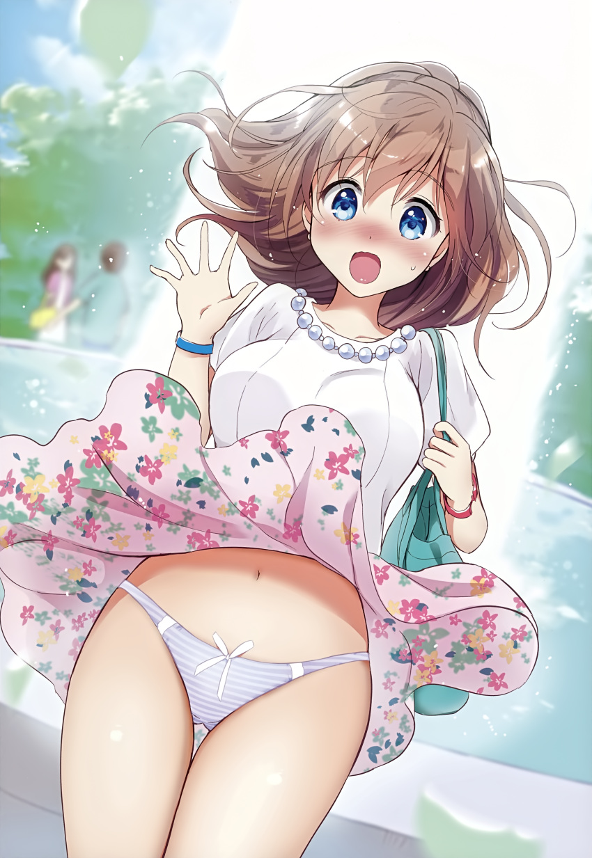 1girl absurdres bag bangs blue_eyes blue_sky blush bow bow_panties breasts brown_hair casual collarbone cowboy_shot cropped day eyebrows_visible_through_hair floating_hair floral_print fountain gluteal_fold hair_between_eyes hand_up highres jewelry kurimomo legs_together medium_breasts melonbooks miniskirt navel necklace original outdoors panties pantyshot pantyshot_(standing) pearl_necklace pink_skirt ribbed_shirt scan shirt short_hair short_sleeves shoulder_bag skirt sky solo spread_fingers standing stomach surprised sweatdrop thigh_gap underwear upskirt watch watch water white_bow white_panties wind wind_lift