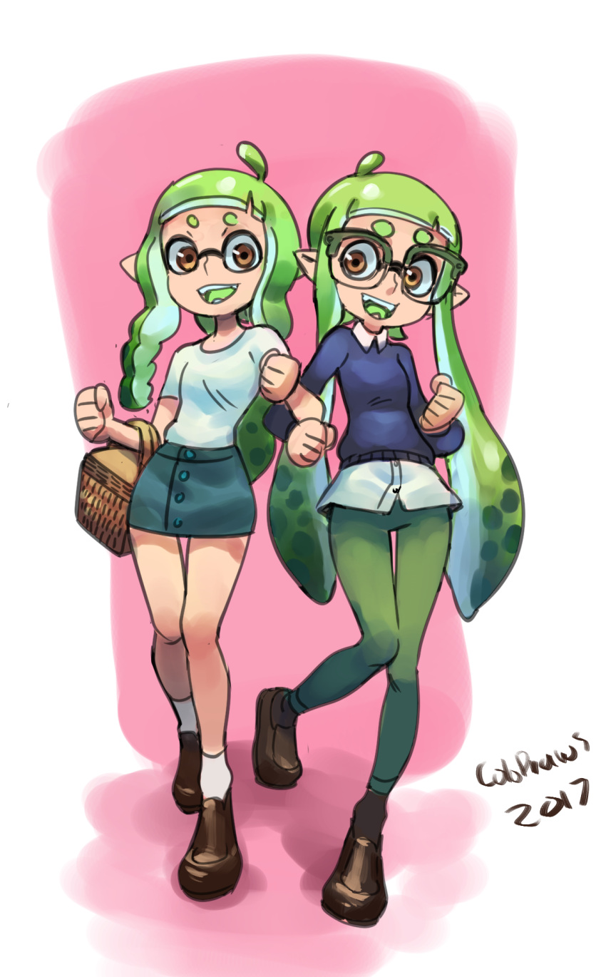 2girls basket brown_eyes colo_(nagrolaz) facing_viewer fangs full_body glasses green_hair green_legwear highres inkling loafers locked_arms miniskirt multiple_girls over-rim_glasses pantyhose pointy_ears semi-rimless_glasses shirt shoes skirt splatoon sweater t-shirt tentacle_hair twintails