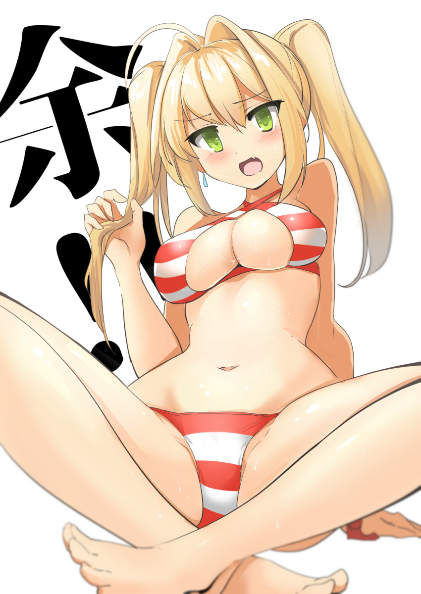 ahoge bangs bare_shoulders barefoot bikini blonde_hair blush breasts cleavage commentary_request earrings eyelashes fang fate/extra fate/grand_order fate_(series) green_eyes hair_intakes halterneck highres holding holding_hair indian_style jewelry legs long_hair looking_at_viewer medium_breasts momio navel nero_claudius_(swimsuit_caster)_(fate) open_mouth red_bikini saber_extra simple_background sitting striped striped_bikini sweat swimsuit thighs twintails waist white_background