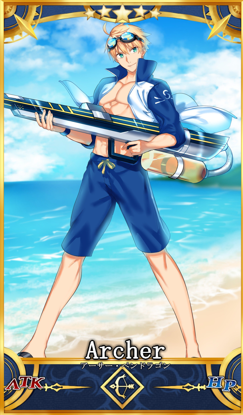 1boy absurdres adapted_costume ahoge beach blonde_hair blue_sky card_parody character_name clouds day fate/grand_order fate/prototype fate_(series) full_body goggles goggles_on_head green_eyes highres looking_at_viewer male_focus male_swimwear ocean pectorals saber_(fate/prototype) sandals servant_card_(fate/grand_order) seseragi_azuma shore short_hair sky smile swim_trunks swimwear water_gun