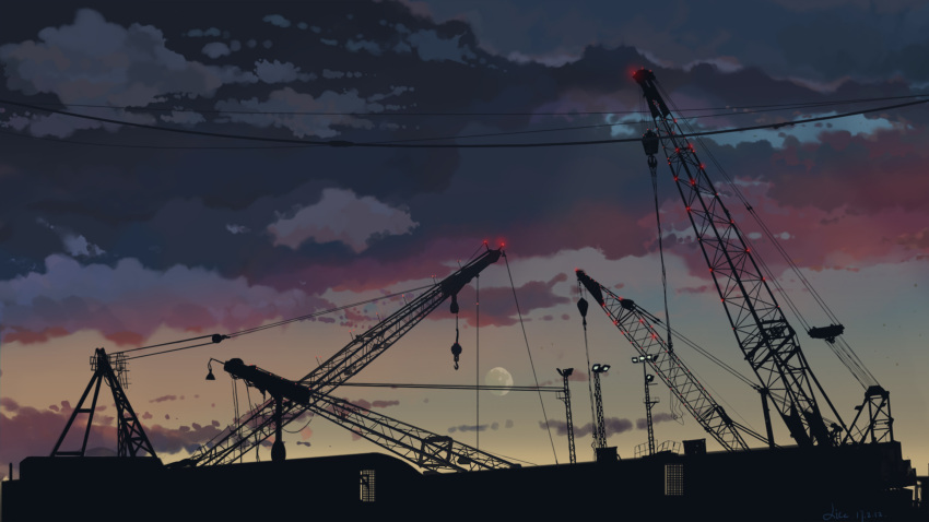 building clouds cloudy_sky construction_site crane full_moon highres light moon no_humans original scenery silhouette sky twilight xi_chen_chen