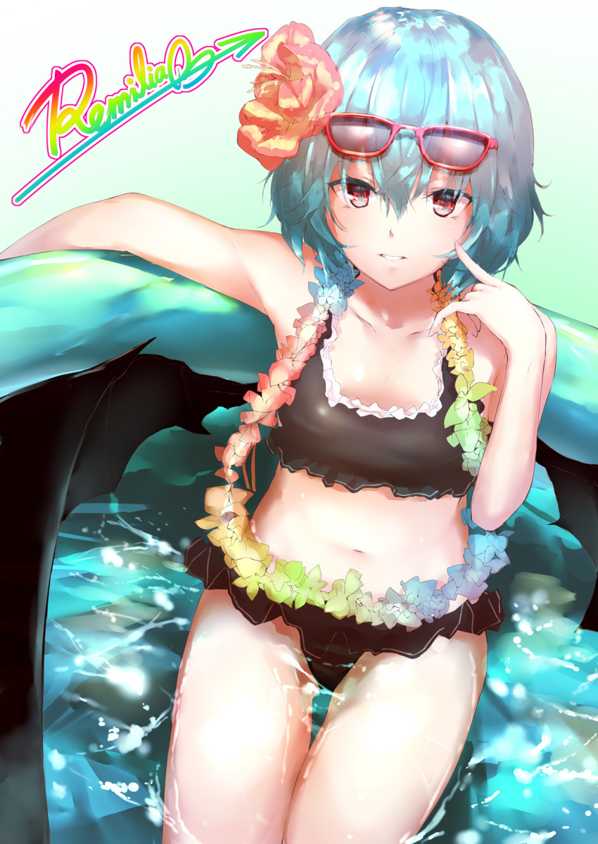 1girl bare_arms bat_wings bikini black_bikini blue_hair character_name day flower frilled_bikini frills hair_between_eyes hair_flower hair_ornament highres looking_at_viewer outdoors pinky_out red-framed_eyewear red_eyes red_flower remilia_scarlet sakusyo short_hair sitting smile solo sunglasses sunglasses_on_head swimsuit touhou wading_pool water wings wreath