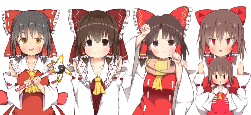 5girls akabeco benikurage black_hair blush bow breasts brown_eyes brown_hair cleavage closed_mouth collarbone cookie_(touhou) eyebrows_visible_through_hair hair_bow hair_tubes hakurei_reimu highres kanna_(cookie) large_breasts looking_at_viewer multiple_girls parted_lips paw_pose red_bow red_eyes reu sakenomi_(cookie) sananana short_hair smile touhou triangle_mouth wand yin_yang