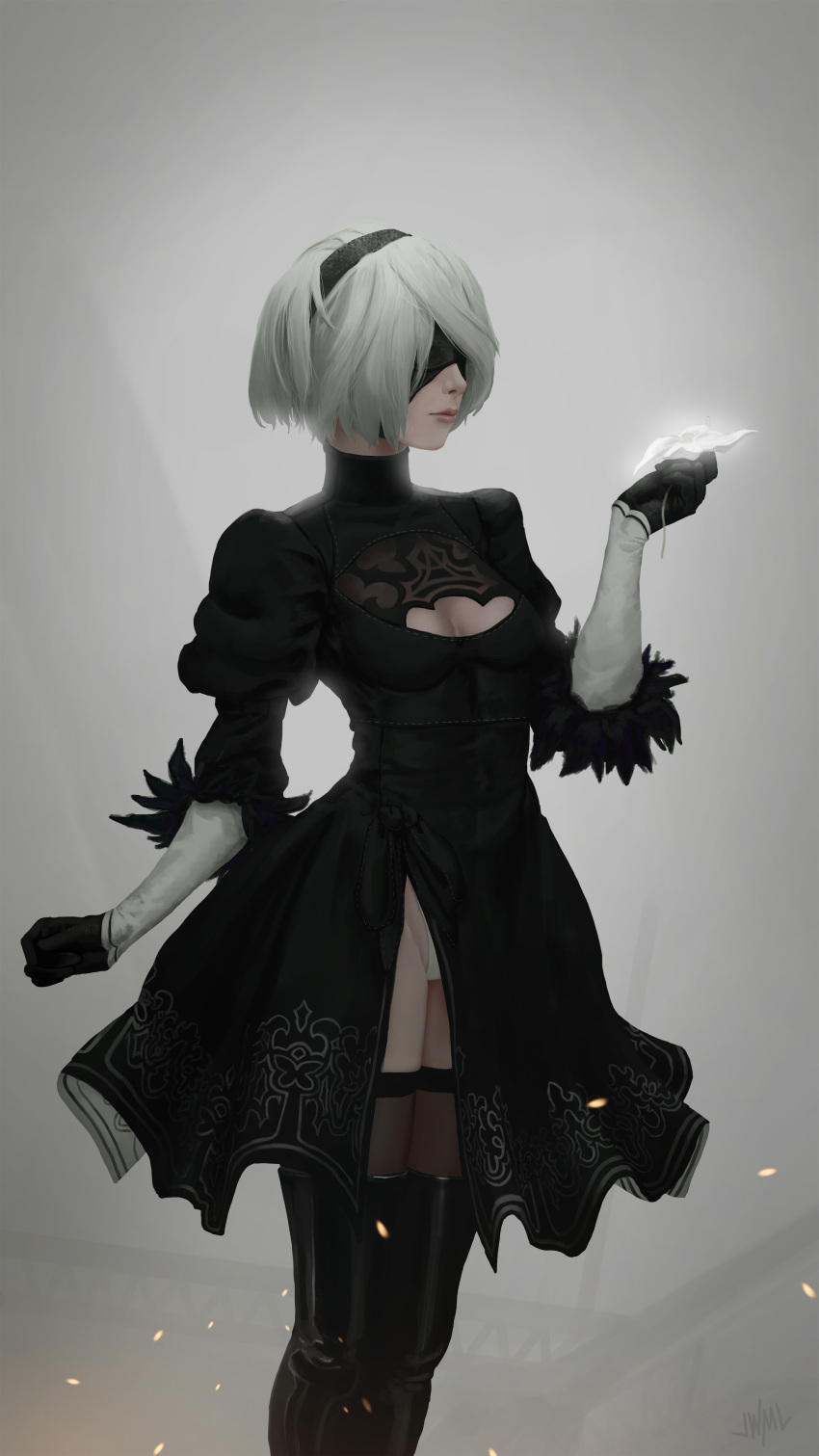 1girl absurdres black_boots black_gloves black_legwear boots breasts cleavage cleavage_cutout gloves hairband highres justin_leyva_(steamy_tomato) looking_away medium_breasts nier_(series) nier_automata panties short_hair solo thigh-highs thigh_boots underwear white_hair white_panties yorha_no._2_type_b