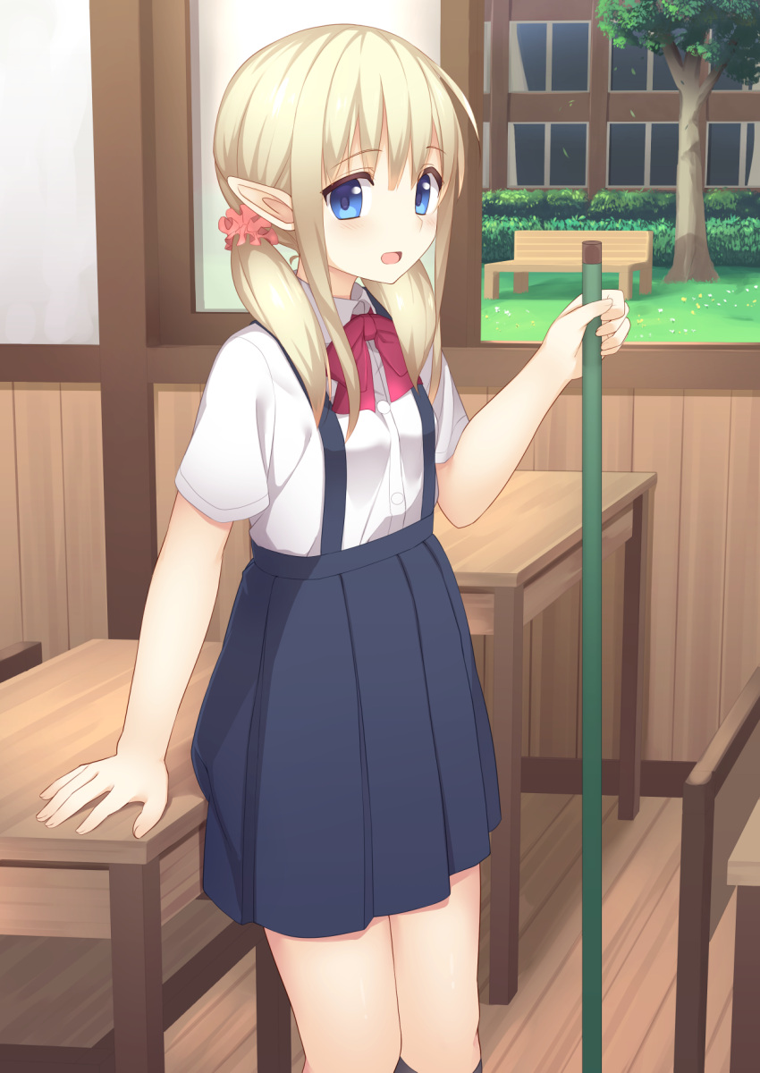 1girl :d arm_support bangs bench black_legwear blonde_hair blue_eyes blue_skirt blush bow bowtie broom classroom collared_shirt commentary_request day desk elf eyebrows_visible_through_hair falling_leaves fingernails hair_between_eyes hair_ornament hair_over_shoulder hair_scrunchie hedge_(plant) highres holding holding_broom indoors kneehighs looking_at_viewer looking_to_the_side low_twintails open_mouth original pink_scrunchie pleated_skirt pointy_ears red_bow red_bowtie school_desk school_uniform scrunchie shirt short_sleeves sidelocks sitting skirt smile solo suspender_skirt suspenders tareme tree twintails usagino_suzu white_shirt wooden_floor wooden_wall