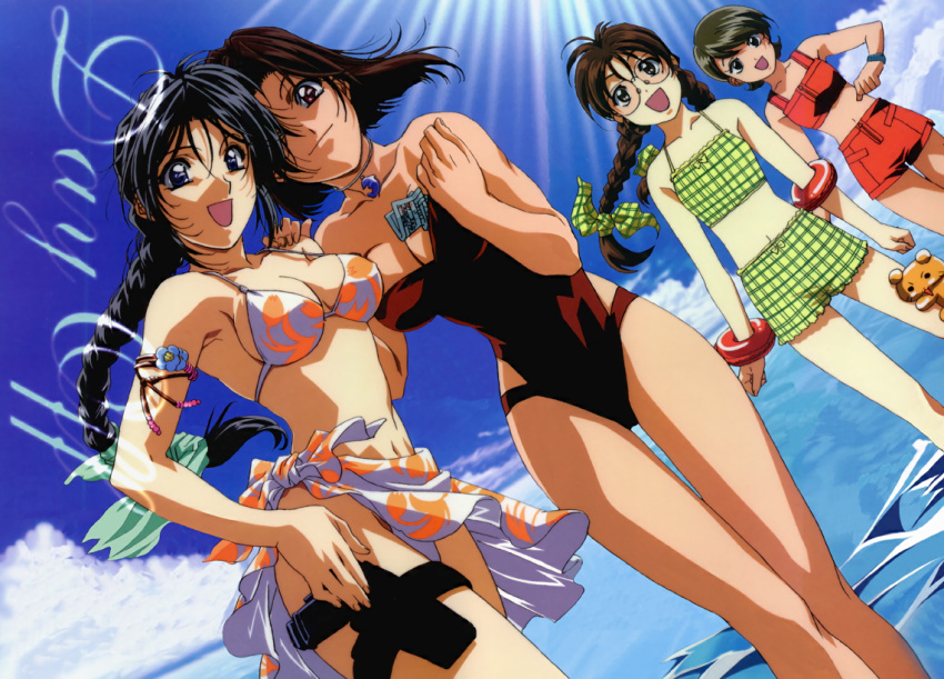 4girls :d arm armpits arms_at_sides bare_arms bare_legs beach bikini black_hair blue_eyes braid breasts brown_hair brown_swimsuit character_request cleavage clenched_hand clenched_hands closed_mouth clouds day female flat_chest friends glasses gun hair_ribbon hands hands_up happy highres innertube jewelry kobayakawa_miyuki large_breasts legs long_hair looking_at_viewer medium_breasts midriff multiple_girls navel necklace ocean official_art one-piece_swimsuit open_mouth outdoors plaid plaid_ribbon sarong sea sky smile standing strapless strapless_swimsuit sunlight swimsuit tsujimoto_natsumi twin_braids water weapon white_bikini white_sarong white_swimsuit you're_under_arrest