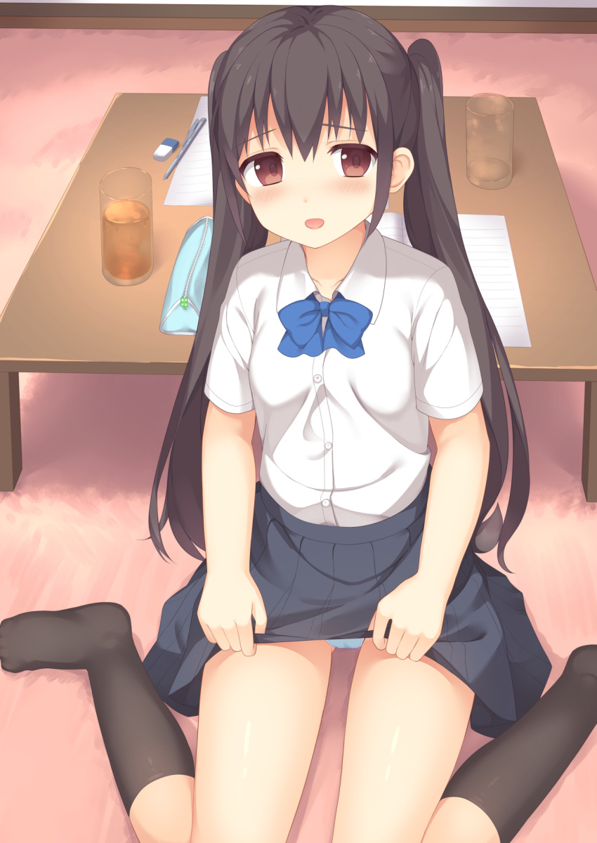 1girl :d bangs black_hair black_legwear blue_bow blue_bowtie blue_panties blue_skirt blush bow bowtie brown_eyes collared_shirt commentary_request cup drinking_glass eraser eyebrows_visible_through_hair hair_between_eyes highres indoors kneehighs lifted_by_self long_hair looking_away looking_to_the_side notebook on_floor open_mouth original panties pantyshot pantyshot_(sitting) pen pencil_case pleated_skirt school_uniform shirt short_sleeves sidelocks sitting skirt skirt_lift smile solo table tareme twintails underwear usagino_suzu wariza white_shirt wooden_table