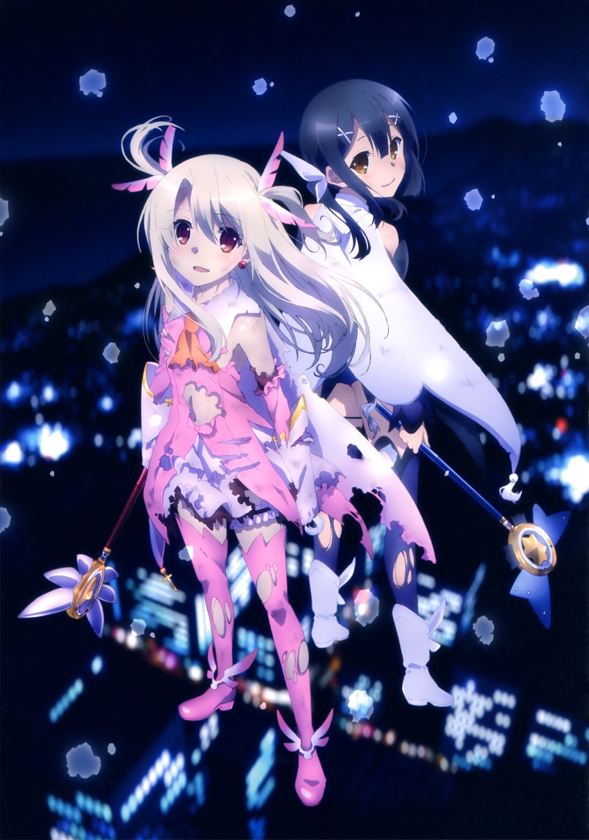 2girls absurdres black_hair boots brown_eyes detached_sleeves dress earrings eyebrows_visible_through_hair fate/kaleid_liner_prisma_illya fate_(series) feathers floating_hair gloves hair_between_eyes hair_feathers hair_ribbon highres holding holding_staff illyasviel_von_einzbern jewelry looking_at_viewer looking_back magical_girl midriff miyu_edelfelt multiple_girls night outdoors pink_boots pink_dress pink_feather purple_legwear red_eyes ribbon short_hair silver_hair staff thigh-highs thigh_boots torn_boots torn_clothes torn_dress torn_thighhighs twintails two_side_up white_boots white_gloves white_ribbon