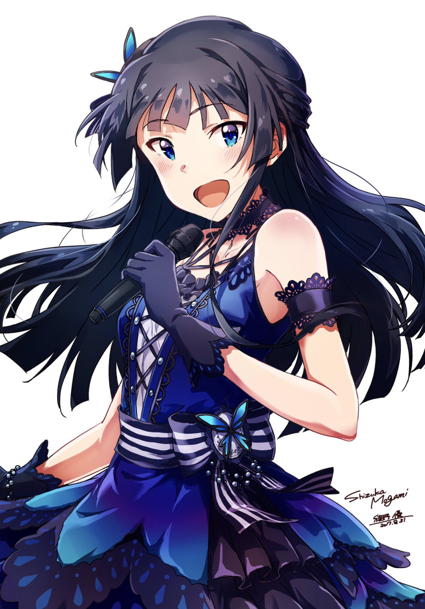 1girl ayano_yuu_(sonma_1426) black_gloves black_hair blue_dress blue_eyes blush dress gloves highres idolmaster idolmaster_million_live! idolmaster_million_live!_theater_days long_hair looking_at_viewer microphone mogami_shizuka open_mouth signature smile solo