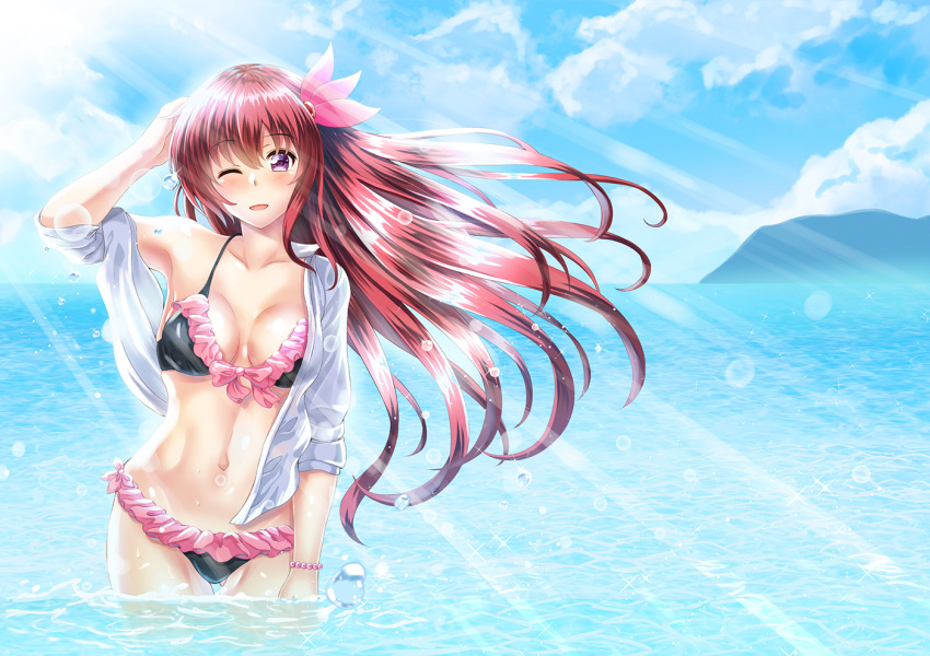1girl bikini black_bikini brown_hair clouds cowboy_shot frilled_bikini frills front-tie_top hair_ornament kantai_collection kisaragi_(kantai_collection) light_rays long_hair looking_at_viewer navel one_eye_closed partially_submerged sky solo sunbeam sunlight swimsuit takamichis211 violet_eyes water