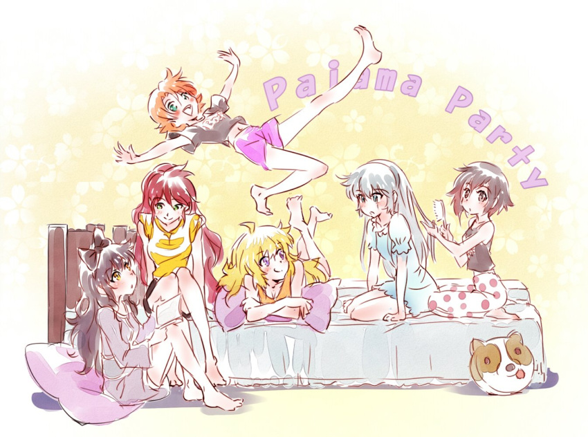 6+girls ahoge bed black_hair blake_belladonna blonde_hair blue_eyes breasts cleavage commentary_request english green_eyes grey_eyes iesupa multiple_girls nora_valkyrie orange_hair pajamas pillow pyrrha_nikos redhead ruby_rose rwby scar scar_across_eye sleepover violet_eyes weiss_schnee white_hair yang_xiao_long yellow_eyes