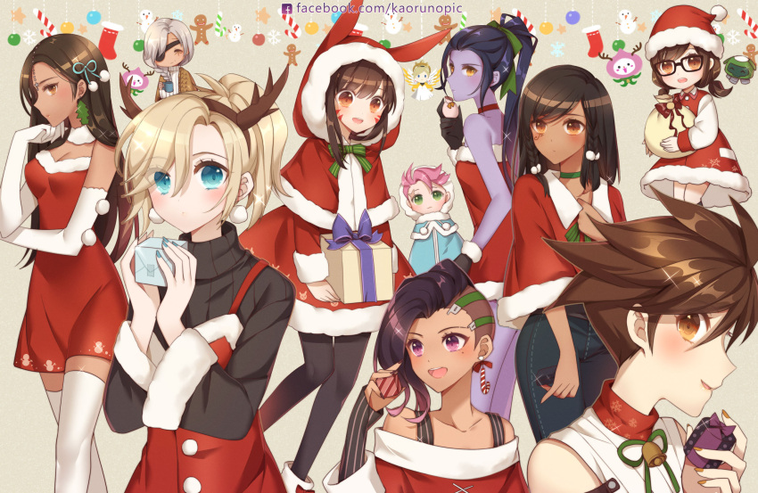 asymmetrical_hair atobesakunolove brown_background character_request christmas commentary d.va_(overwatch) dark_skin highres mercy_(overwatch) overwatch santa_costume simple_background sombra_(overwatch) tracer_(overwatch)