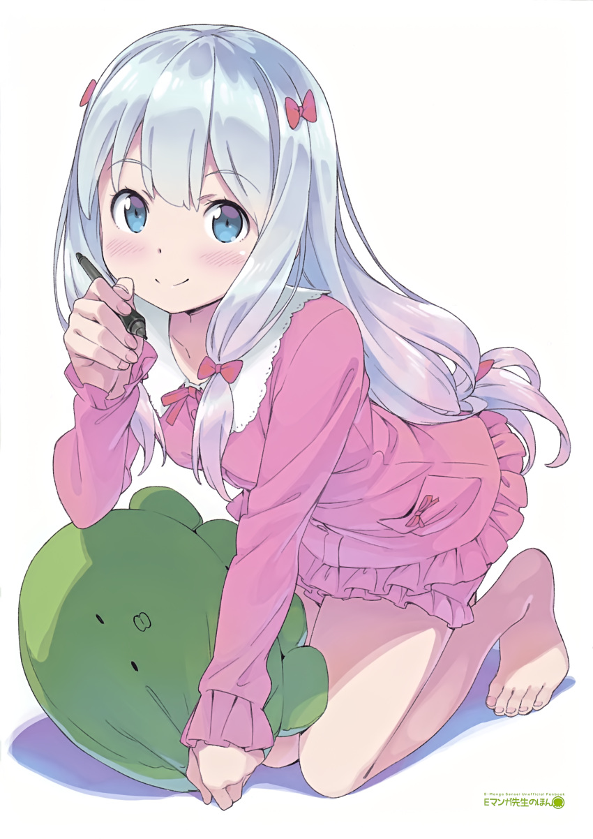 1girl absurdres bangs barefoot blue_eyes blush bow closed_mouth collarbone commentary_request eromanga_sensei eyebrows_visible_through_hair feet frills hair_bow highres holding izumi_sagiri kanzaki_hiro leaning_forward long_hair long_sleeves looking_at_viewer pajamas pink_bow scan silver_hair simple_background smile solo stuffed_animal stuffed_octopus stuffed_toy stylus tareme toes white_background