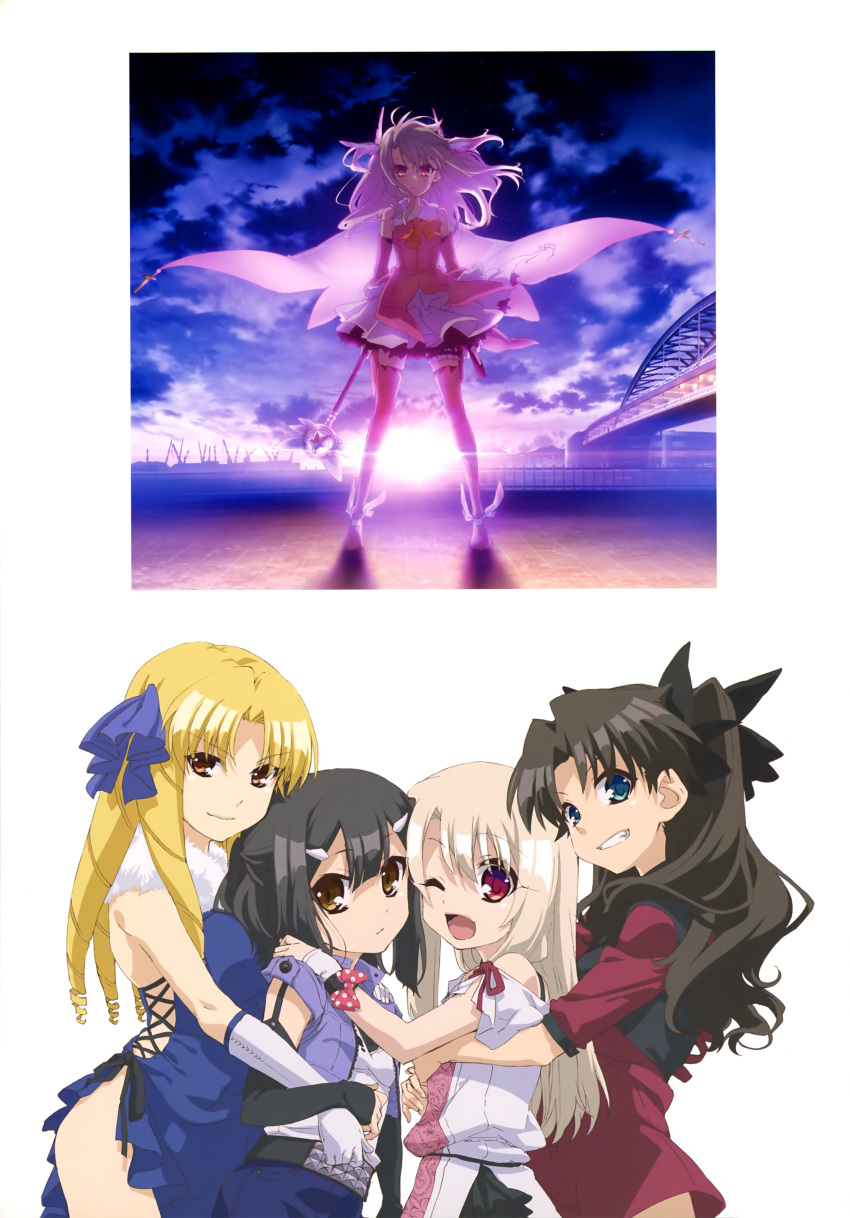 1girl ;d absurdres bare_hips black_hair black_ribbon blonde_hair blue_dress blue_eyes boots brown_eyes detached_sleeves dress drill_hair fate/kaleid_liner_prisma_illya fate/stay_night fate_(series) floating_hair full_body gloves grin hair_between_eyes hair_ribbon highres holding holding_staff hug hug_from_behind illyasviel_von_einzbern layered_skirt long_hair looking_at_viewer luviagelita_edelfelt magical_girl miyu_edelfelt one_eye_closed open_mouth outdoors pink_boots pink_hair polkad_to_bow red_eyes ribbon silver_hair skirt smile solo staff standing sunlight thigh-highs thigh_boots tohsaka_rin twintails upper_body white_gloves white_skirt