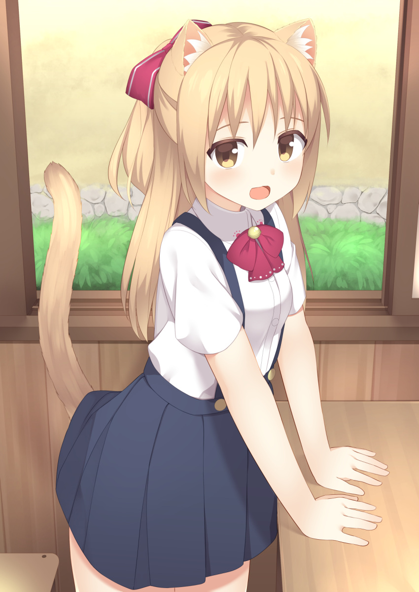 1girl :d animal_ears arm_support bell blonde_hair blue_skirt blush bow bowtie cat_ears cat_tail chair classroom collared_shirt commentary_request cowboy_shot day desk hair_between_eyes hair_bow highres indoors jingle_bell long_hair looking_at_viewer open_mouth original paw_print pleated_skirt red_bow red_bowtie school_desk school_uniform shirt short_sleeves sidelocks skirt smile solo standing suspender_skirt suspenders tail tareme usagino_suzu white_shirt window yellow_eyes