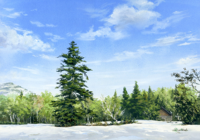 bare_tree blue_sky clouds cloudy_sky day forest grass highres hosoi_mikio house nature no_humans original outdoors scenery shack sky snow traditional_media tree watercolor_(medium) winter
