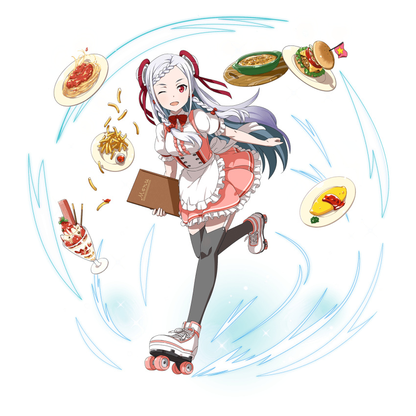 1girl ;d apron black_legwear bow bowtie flag floating_hair food frilled_skirt frills full_body garter_straps hair_ribbon hamburger highres long_hair looking_at_viewer maid official_art omelet one_eye_closed one_leg_raised open_mouth parfait pink_skirt red_bow red_bowtie red_eyes red_ribbon ribbon silver_hair skirt smile solo sword_art_online thigh-highs transparent_background very_long_hair white_apron yuna_(sao)