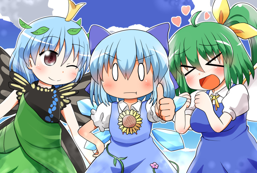 &gt;_&lt; 3girls :t antennae blue_bow blue_dress blue_hair blue_sky blush bow brown_eyes butterfly_wings cirno clouds commentary daiyousei dress eternity_larva facing_viewer fairy_wings flower green_dress green_hair hair_bow hair_ribbon heart ice ice_wings leaf leaf_on_head looking_at_viewer multiple_girls one_eye_closed open_mouth plant puffy_short_sleeves puffy_sleeves ribbon rokugou_daisuke short_hair short_sleeves side_ponytail sky smile sunflower tan tanned_cirno touhou vines wings yellow_ribbon