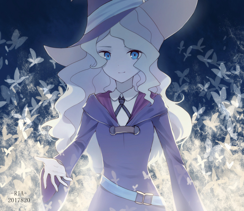 1girl belt blonde_hair blue_background blue_eyes breasts butterfly_print date diana_cavendish eyebrows highres little_witch_academia long_hair ribbon robe school_uniform small_breasts smile solo wavy_hair witch_hat