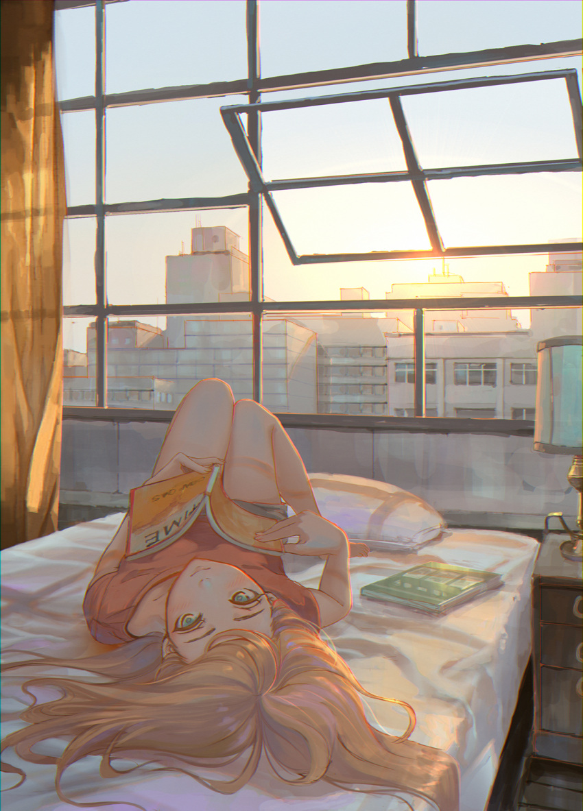 1girl bed blue_eyes book brown_hair day highres holding holding_book indoors lamp long_hair looking_at_viewer lying on_back on_bed original pillow sho_(shoichi-kokubun) solo upside-down window