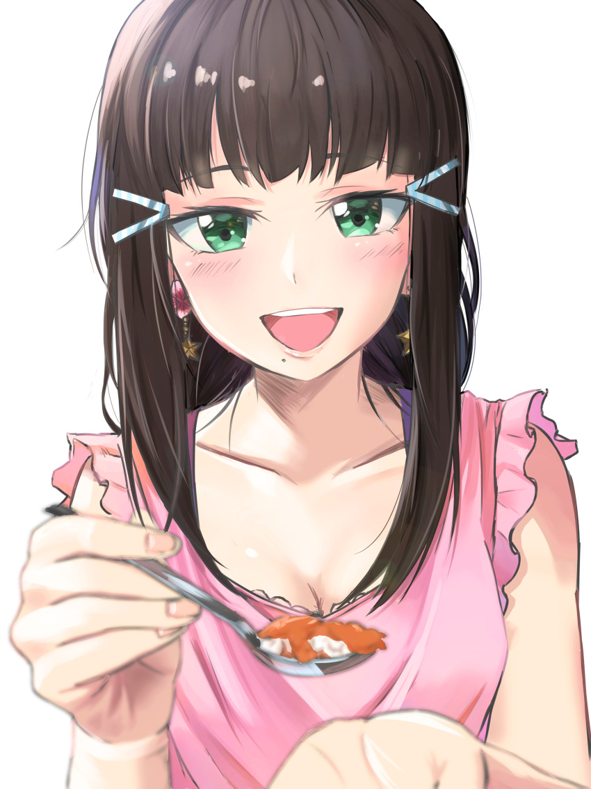1girl absurdres black_hair blush commentary earrings feeding food green_eyes hair_ornament hairpin highres jewelry kurosawa_dia long_hair looking_at_viewer love_live! love_live!_sunshine!! mole mole_under_mouth open_mouth shaka_0515 solo spoon
