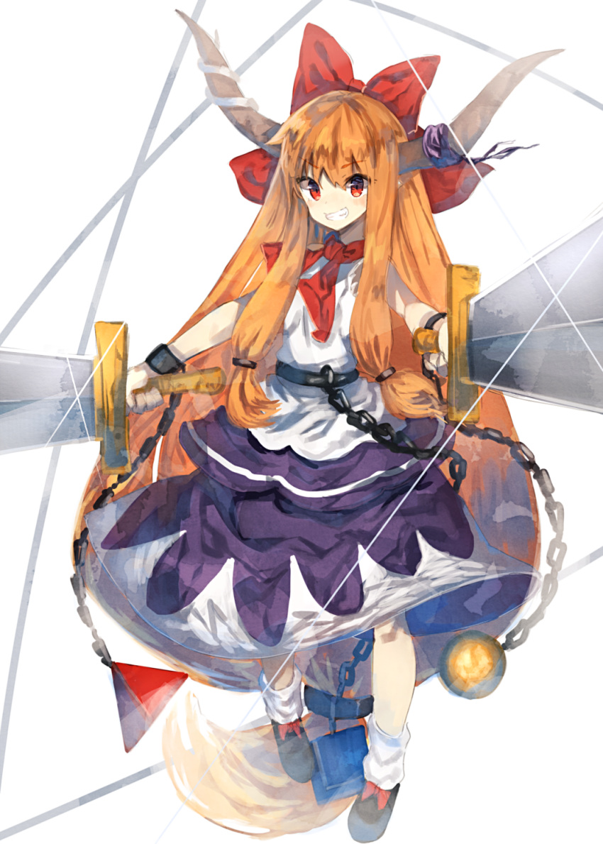 1girl :d absurdly_long_hair bangs black_shoes bow chains commentary_request cube dual_wielding eyebrows_visible_through_hair full_body grin hair_bow highres holding holding_weapon horn_ribbon horns ibuki_suika kasuka_(kusuki) long_hair looking_at_viewer low-tied_long_hair open_mouth orange_hair purple_ribbon purple_skirt pyramid red_bow red_eyes ribbon shirt shoes sidelocks skirt sleeveless sleeveless_shirt smile socks solo sphere standing sword teeth touhou two-tone_background very_long_hair weapon white_legwear white_shirt wrist_cuffs