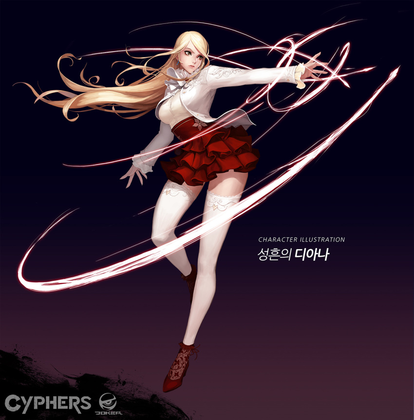 1girl artist_name bangs blonde_hair breasts brown_eyes byungkyo_park closed_mouth commentary copyright_name cyphers diana_(cyphers) earrings english floating_hair full_body gradient gradient_background high-waist_skirt highres jewelry large_breasts long_hair long_sleeves looking_to_the_side outstretched_arm red_shoes red_skirt shirt shoes skirt solo swept_bangs thigh-highs white_legwear white_shirt