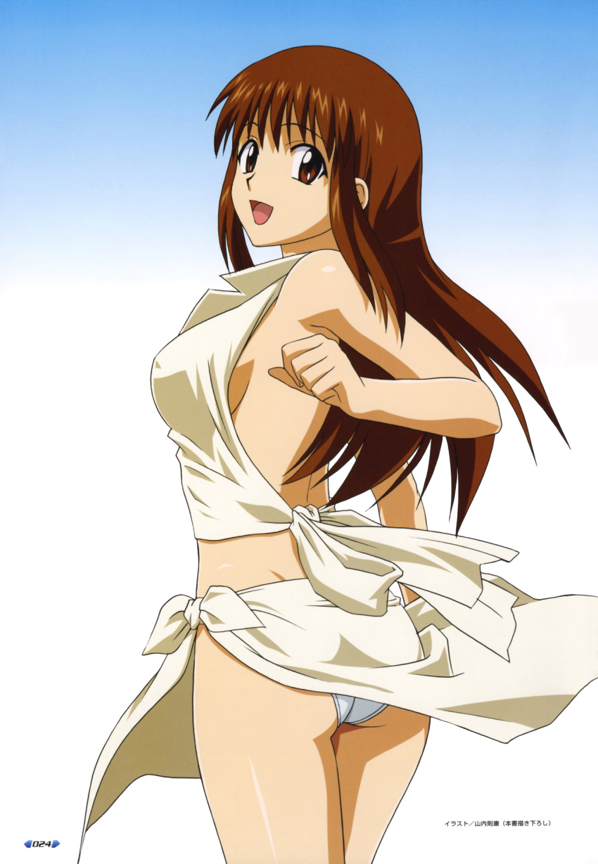 1girl 90s brown_eyes brown_hair clenched_hand cowboy_shot doi_shizuha gradient gradient_background highres long_hair looking_at_viewer official_art open_mouth page_number panties solo stratos_4 underwear white_panties yamauchi_noriyasu