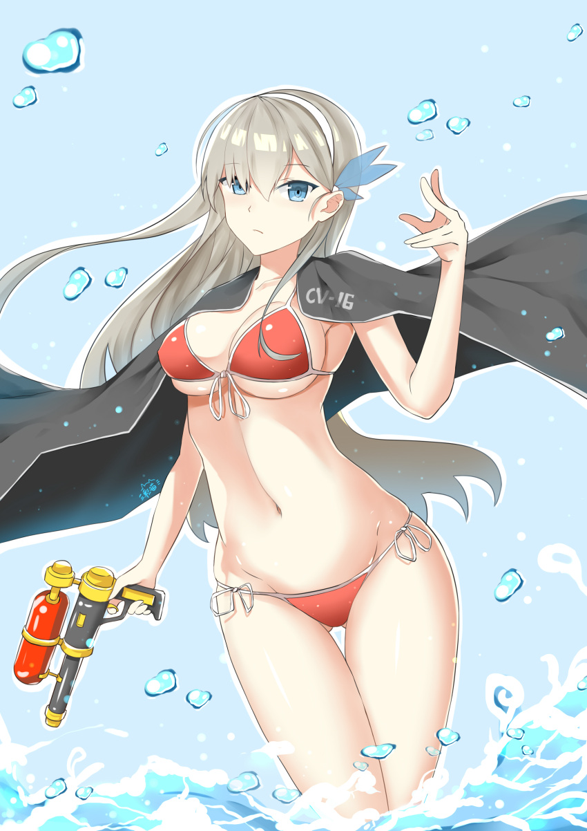 1girl absurdres arched_back artist_name bangs bikini black_capelet blue_background blue_eyes breasts bubble capelet cleavage closed_mouth collarbone expressionless front-tie_bikini front-tie_top froth gluteal_fold grey_hair groin hair_ornament hair_over_one_breast hairband hand_up highres holding large_breasts leaning_to_the_side legs_together lexington_(cv-16)_(zhan_jian_shao_nyu) long_hair looking_at_viewer navel outline red_bikini side-tie_bikini side-tie_bottom sideboob simple_background solo swimsuit wading water_gun waves white_outline zhan_jian_shao_nyu zhudacaimiao