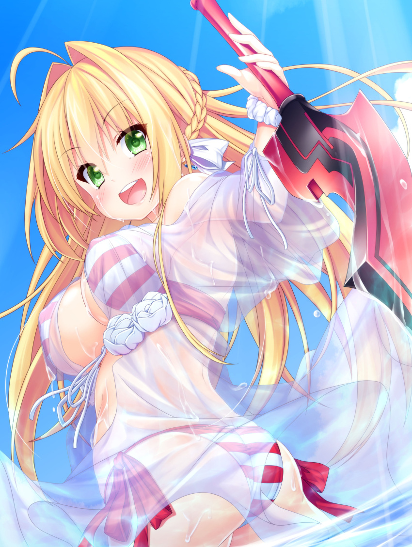 1girl :d absurdres aestus_estus ahoge ass bangs beach bikini blonde_hair braid breasts day dress eyebrows_visible_through_hair fate/grand_order fate_(series) gown green_eyes hair_down hair_intakes halterneck highres holding holding_sword holding_weapon large_breasts light_rays long_hair looking_at_viewer looking_back nero_claudius_(swimsuit_caster)_(fate) open_mouth outdoors red_bikini saber_extra see-through side-tie_bikini sidelocks smile solo striped striped_bikini sunbeam sunlight swimsuit sword teeth twintails twisted_torso wading wakagi_repa weapon wet wet_clothes white_bikini