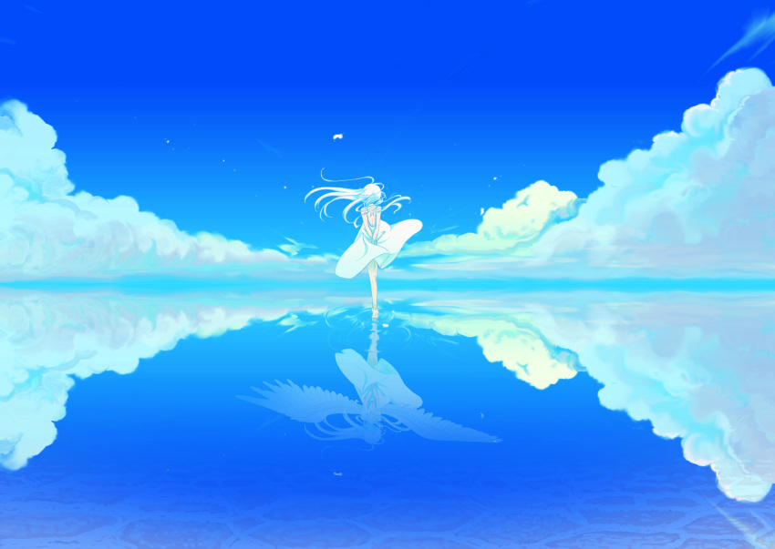 1girl absurdres angel_wings blue_sky clouds commentary_request day different_reflection dress floating_hair from_behind highres long_hair open-back_dress original outdoors reflection salar_de_uyuni sky solo standing standing_on_liquid taro_(8787suzuki) water_surface white_dress white_hair wings
