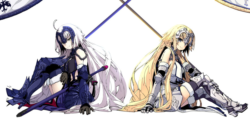 2girls armor bare_shoulders black_gloves black_legwear blonde_hair blush boots breasts chains closed_mouth dual_persona elbow_gloves eyebrows_visible_through_hair fate/grand_order fate_(series) flag from_side full_body fur_trim gauntlets gloves greaves hand_on_own_leg headpiece high_heel_boots high_heels highres iwasaki_takashi jeanne_alter long_hair looking_at_viewer medium_breasts midriff multiple_girls pale_skin ruler_(fate/apocrypha) simple_background sitting smile sword thigh-highs underbust vambraces very_long_hair weapon white_background white_hair yellow_eyes