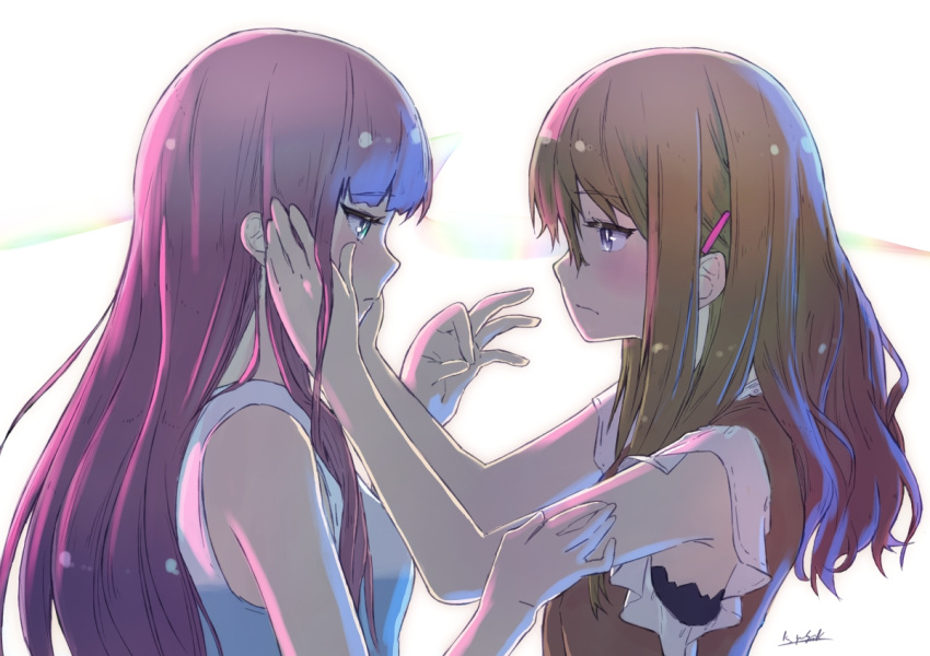 2girls blue_eyes brown_hair hair_ornament hairclip hands_on_another's_face kagawa_yuusaku long_hair looking_at_another multiple_girls original pink_hair signature simple_background sleeveless violet_eyes yuri