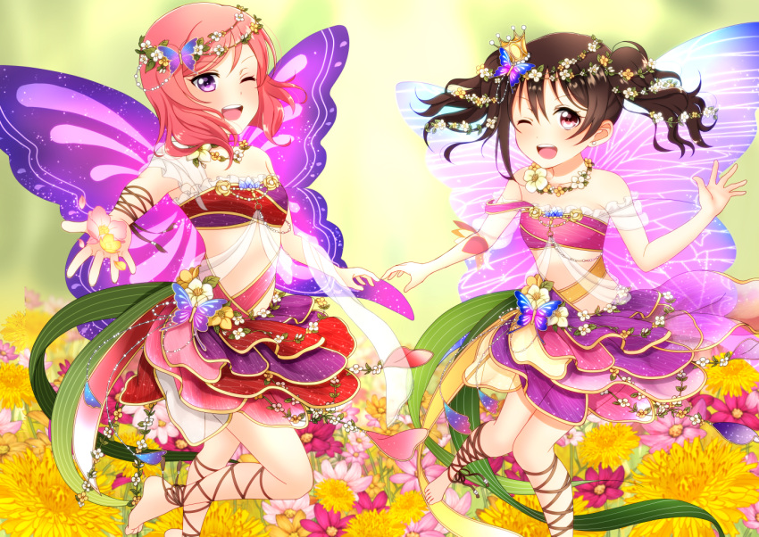 2girls ;d ankle_ribbon barefoot black_hair brown_ribbon butterfly_wings crown earrings feet jewelry kuttaro layered_skirt long_hair love_live! love_live!_school_idol_project midriff mini_crown multiple_girls necklace nishikino_maki one_eye_closed one_leg_raised open_mouth pink_eyes purple_wings redhead ribbon see-through sleeveless smile strapless twintails violet_eyes wings yazawa_nico