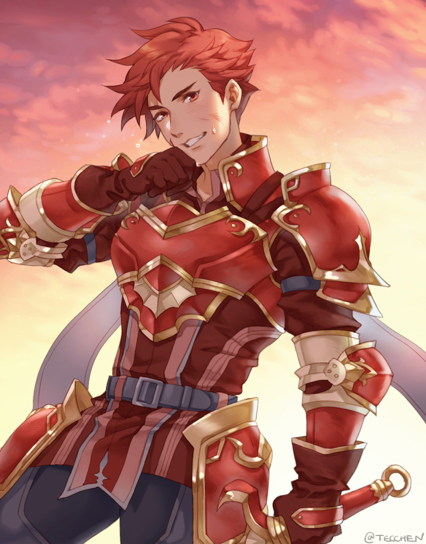 armor blood blood_on_face breastplate cain_(fire_emblem) fire_emblem fire_emblem:_ankoku_ryuu_to_hikari_no_tsurugi fire_emblem:_mystery_of_the_emblem fire_emblem:_shin_ankoku_ryuu_to_hikari_no_tsurugi fire_emblem:_shin_monshou_no_nazo gloves highres looking_at_viewer pauldrons red_eyes redhead spiky_hair