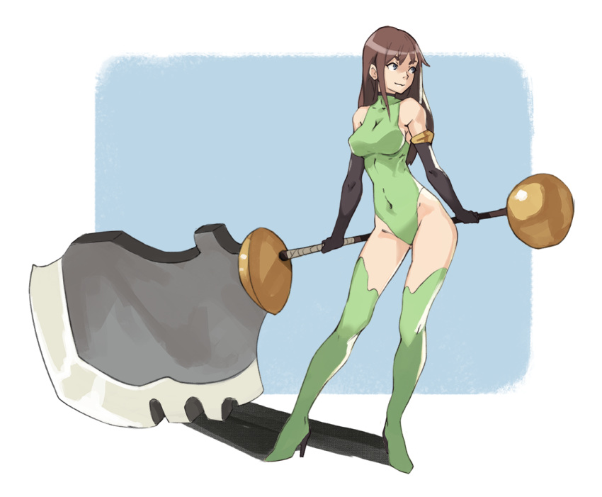 1girl bare_shoulders black_gloves blue_eyes boots breasts brown_hair closed_mouth covered_navel elbow_gloves full_body gloves green_boots green_leotard halterneck high_heel_boots high_heels highleg highleg_leotard holding holding_weapon huge_weapon leotard light_smile long_hair looking_away original shadow sideboob sidelocks skin_tight sleeveless sleeveless_turtleneck solo standing thigh-highs thigh_boots turtleneck vins-mousseux weapon